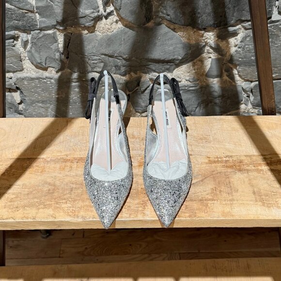 Miu Miu Silver Glitter Slingback Bow Pumps - Picture 3 of 13